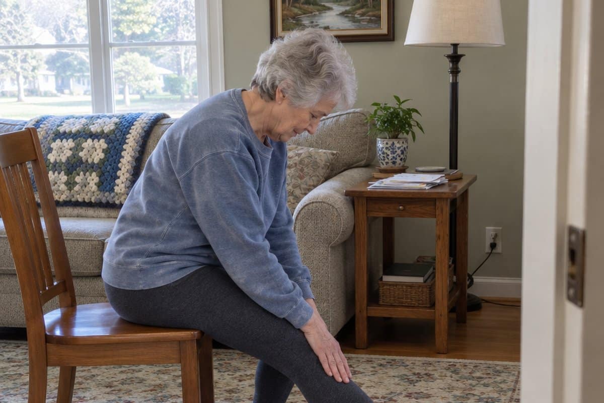 Older woman seated on a wooden chair stretching one leg straight out in a living room