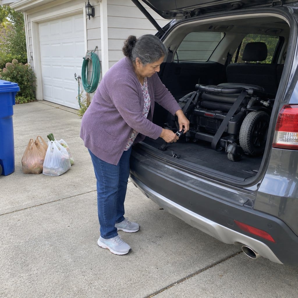 Woman fastening a strap over a folded power wheelchair in the back of an SUV