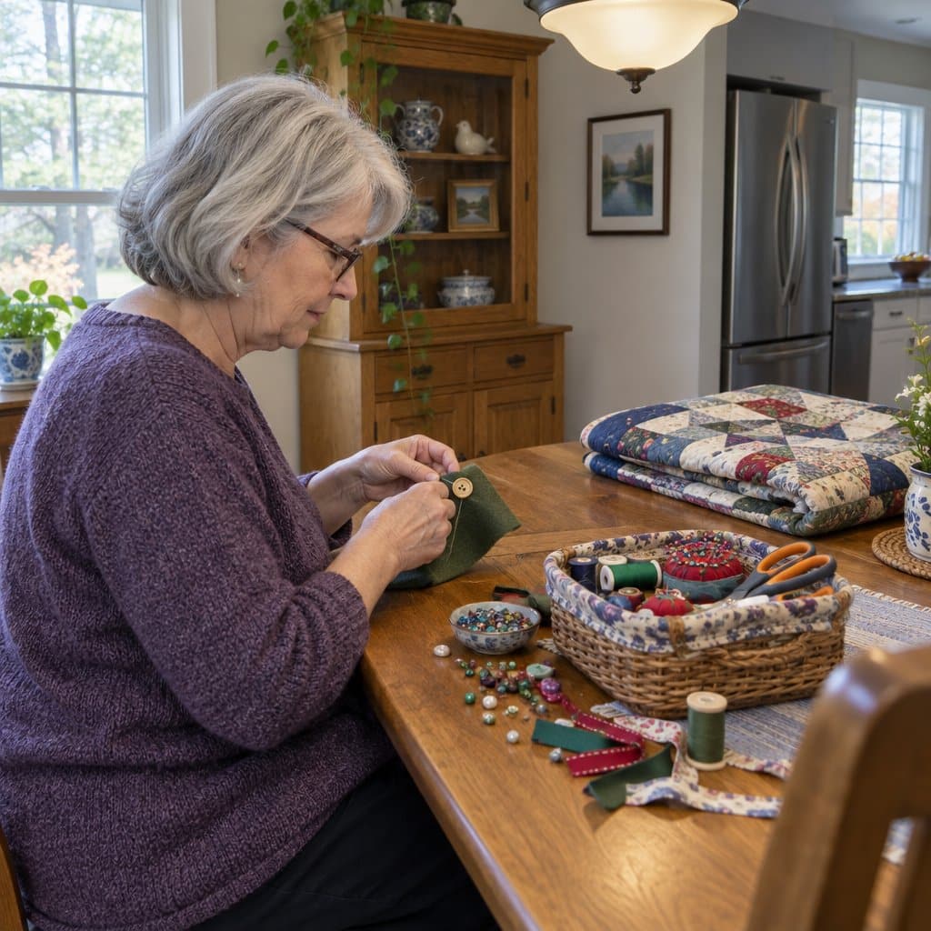 Older woman at a dining table sewing a button onto felt for a homemade fidget blanket, with ribbons and beads nearby.
