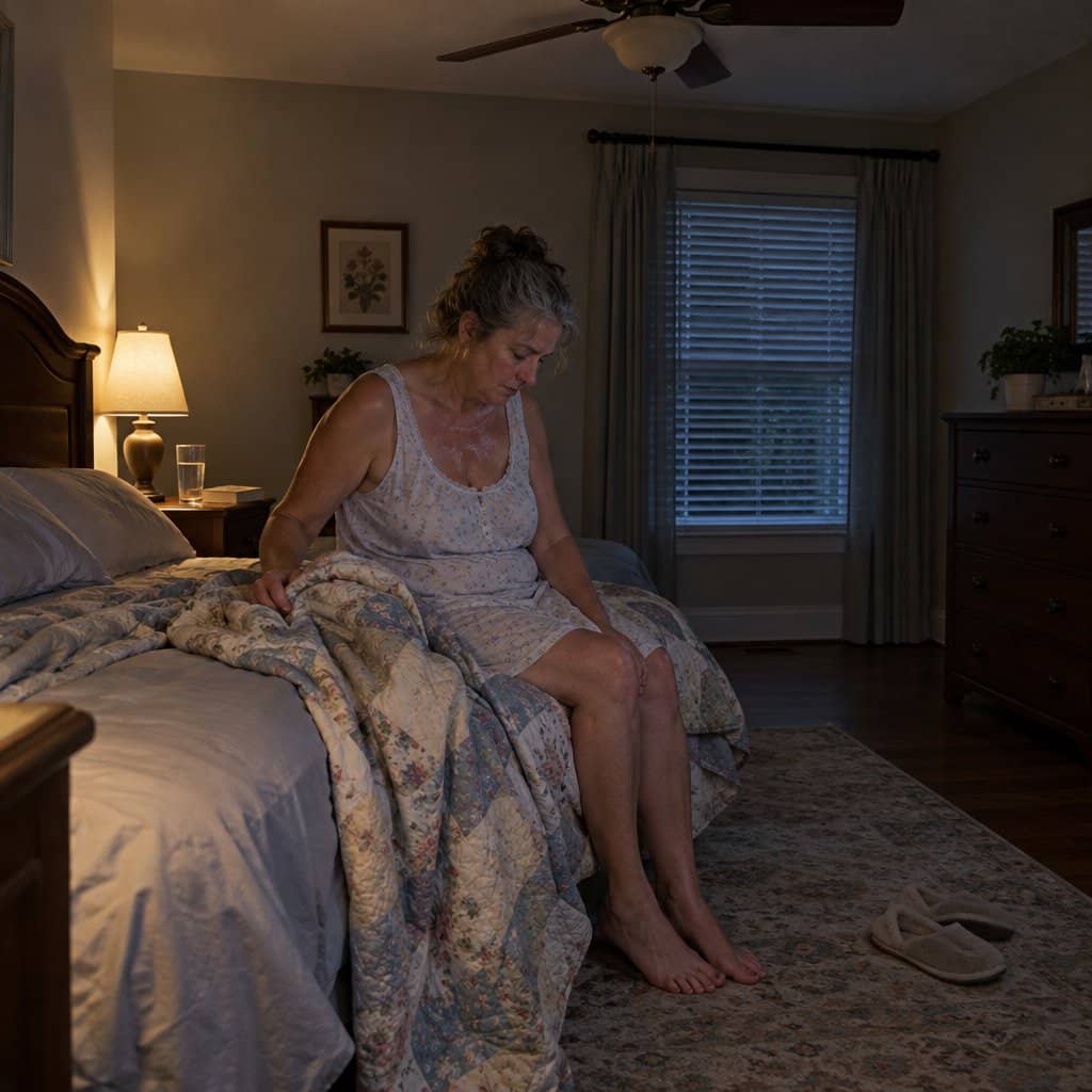 Older woman in a nightgown sitting on the edge of her bed pushing a quilt off after a night sweat