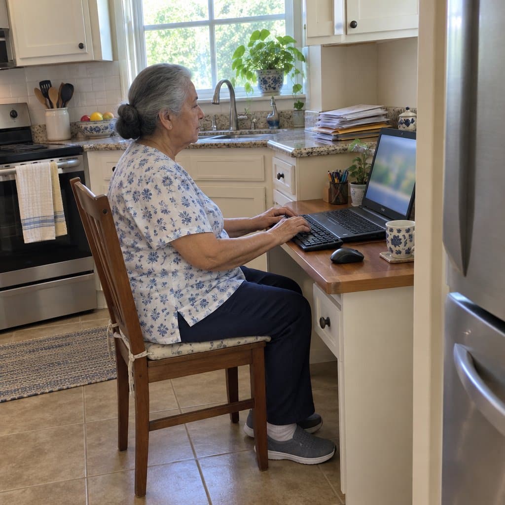 Older woman sitting upright at a small kitchen desk typing on a keyboard