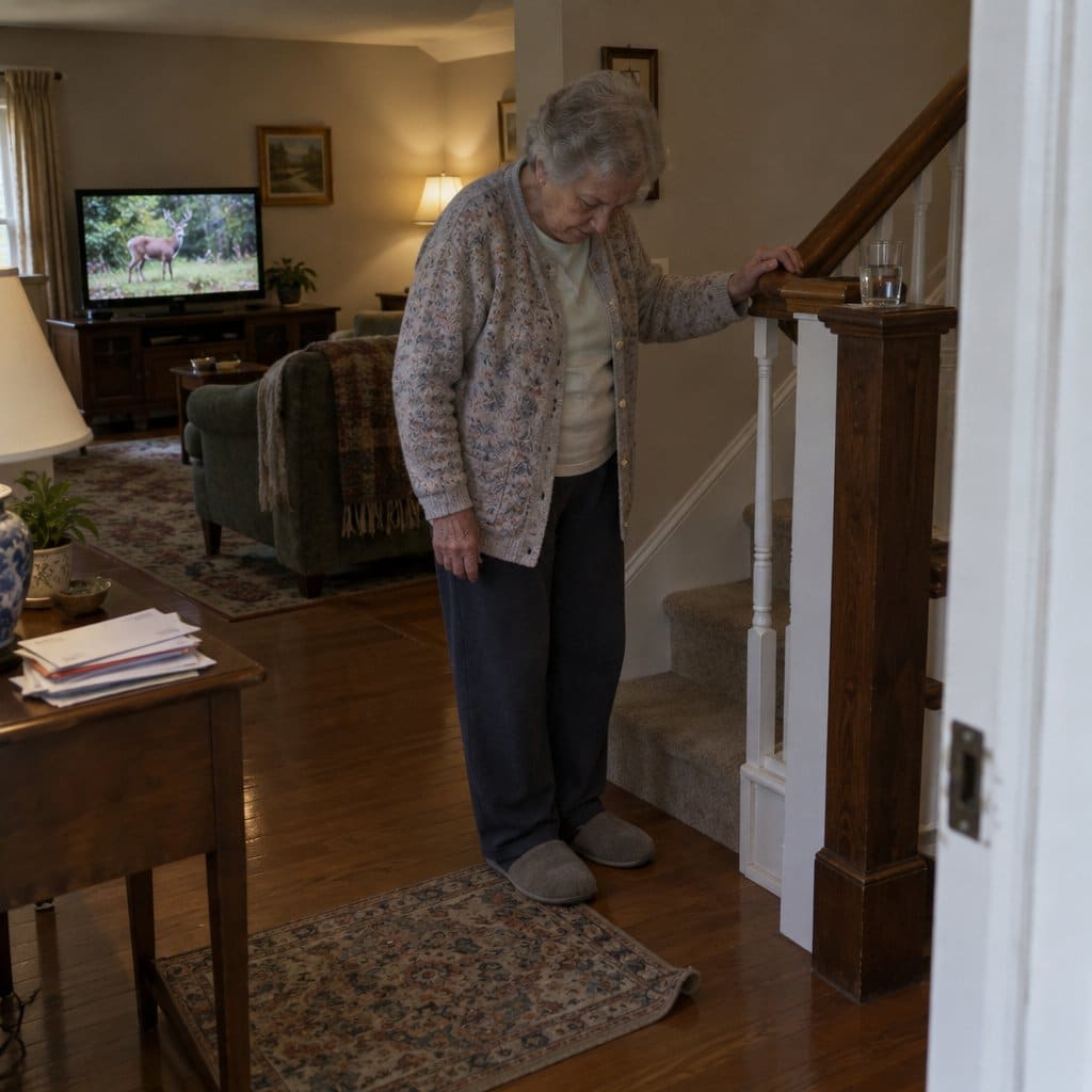 Older woman in oversized slippers holding a stair railing at the bottom of the staircase beside a curled rug