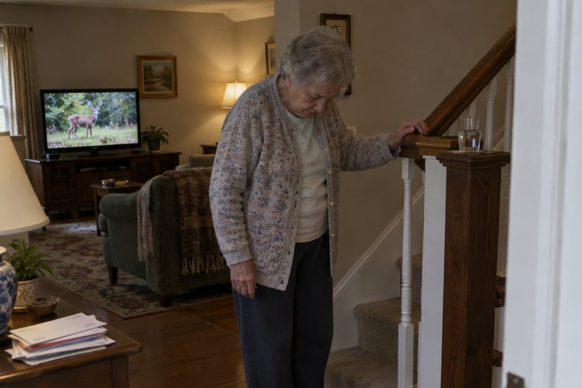 Older woman in oversized slippers holding a stair railing at the bottom of the staircase beside a curled rug