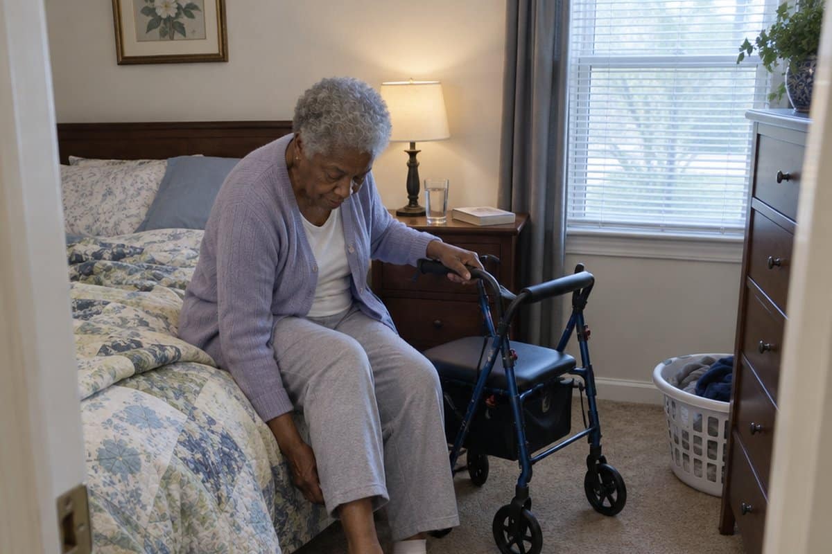 Older woman seated on the edge of a bed sliding her foot into a slip-on shoe with a walker beside her