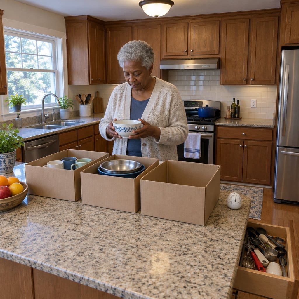 Older woman in a kitchen sorting items into three cardboard boxes with a timer on the counter
