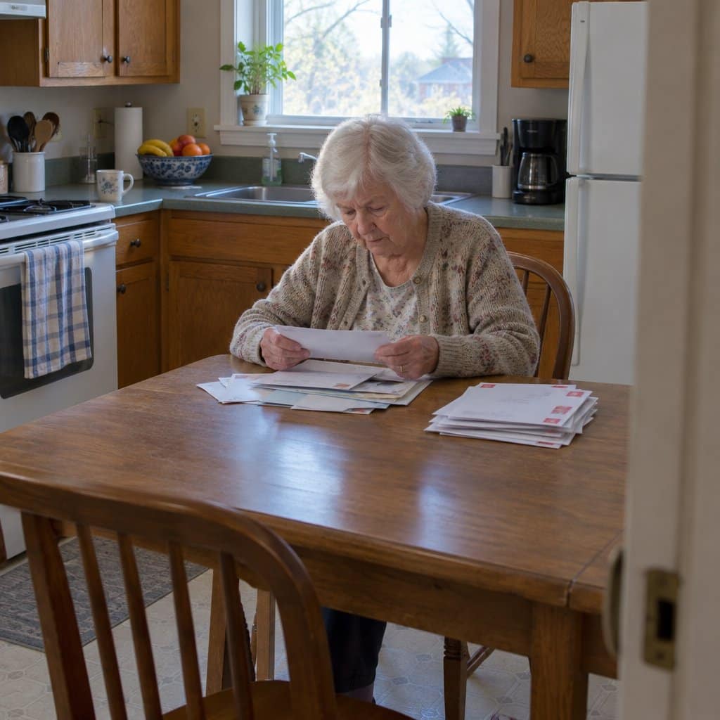 Older woman with white hair looking through a stack of opened mail at a kitchen table