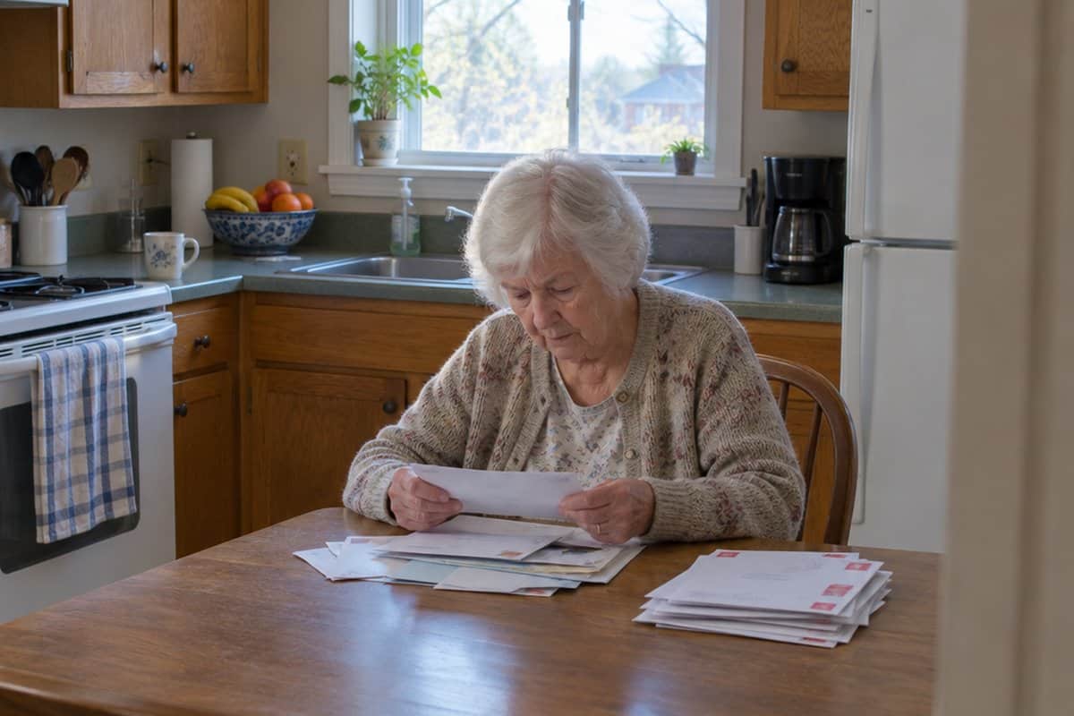 Older woman with white hair looking through a stack of opened mail at a kitchen table