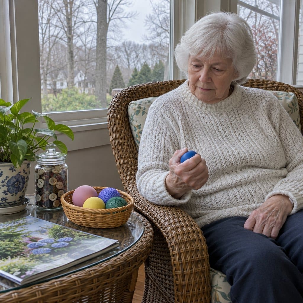 Older woman seated in a sunroom gently squeezing a soft ball with one hand