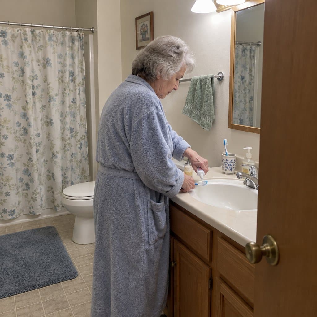 Older woman in a bathrobe pressing a toothpaste tube onto her toothbrush at a bathroom sink