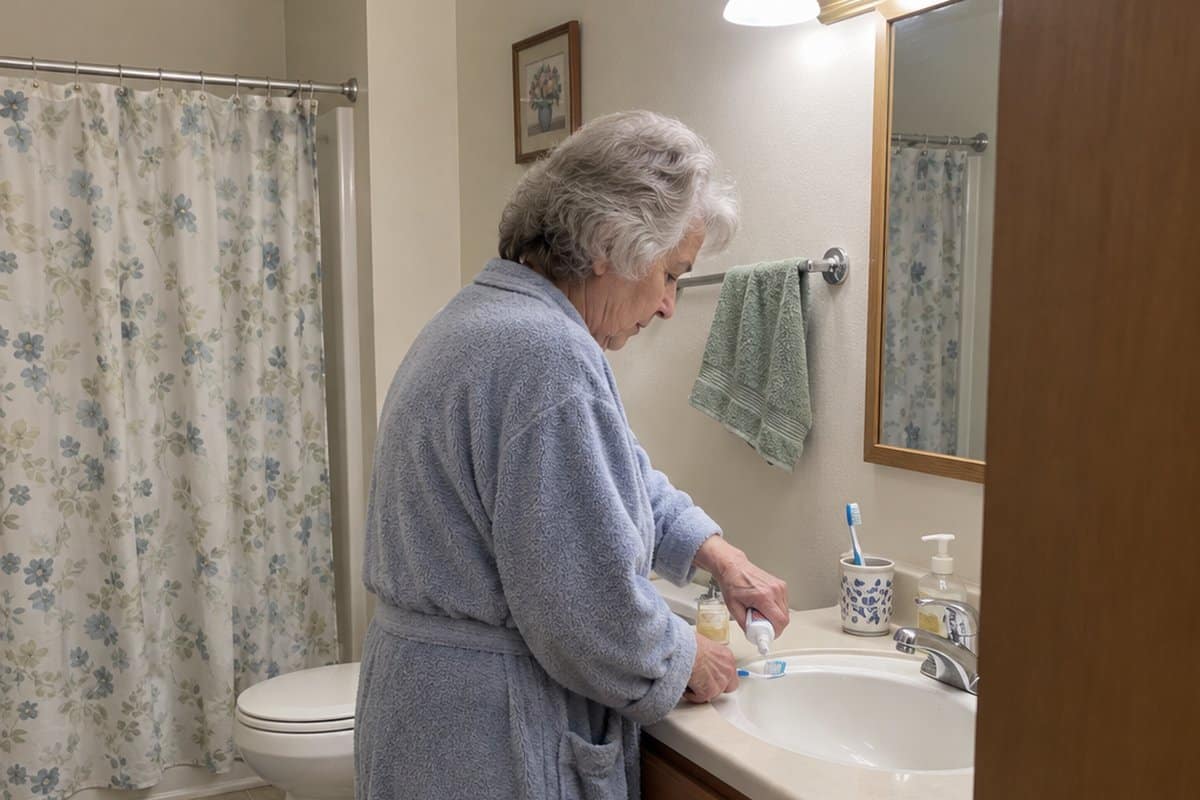 Older woman in a bathrobe pressing a toothpaste tube onto her toothbrush at a bathroom sink