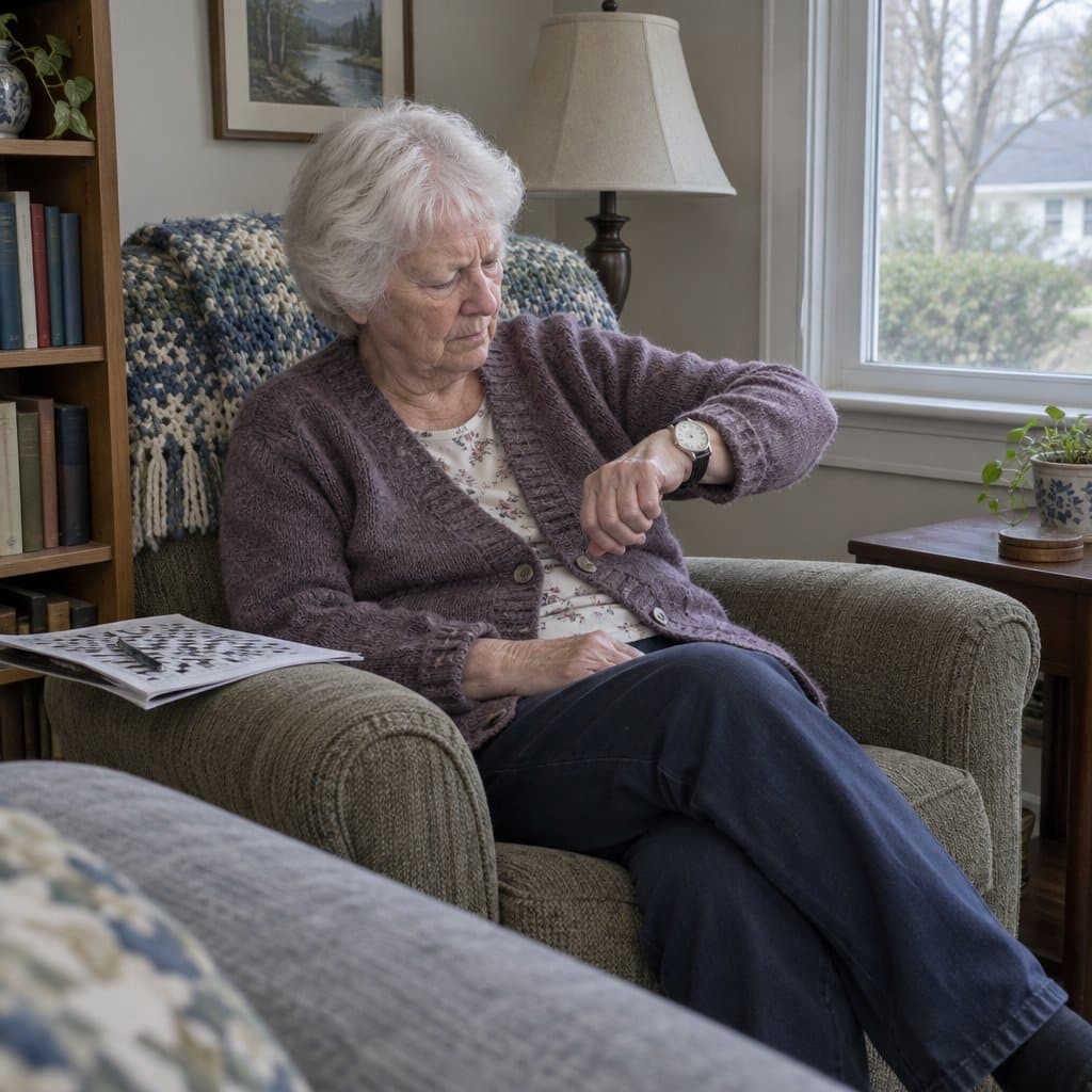 Older woman in an armchair holding out her wrist to read an analog watch