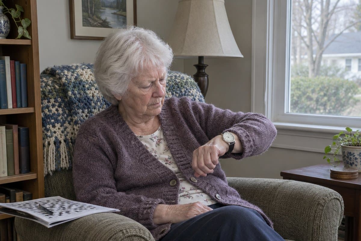 Older woman in an armchair holding out her wrist to read an analog watch