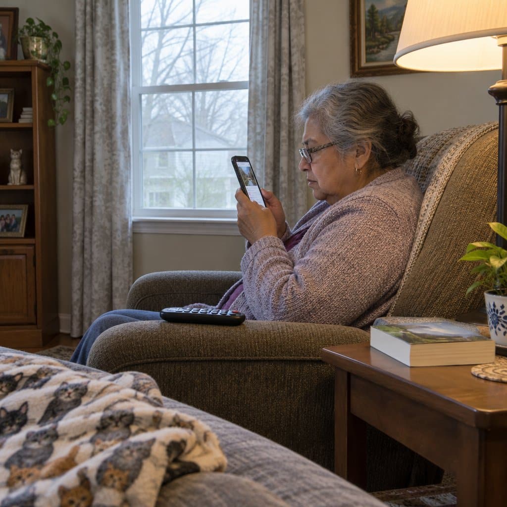 Older woman in an armchair squinting at a phone beside a lit floor lamp