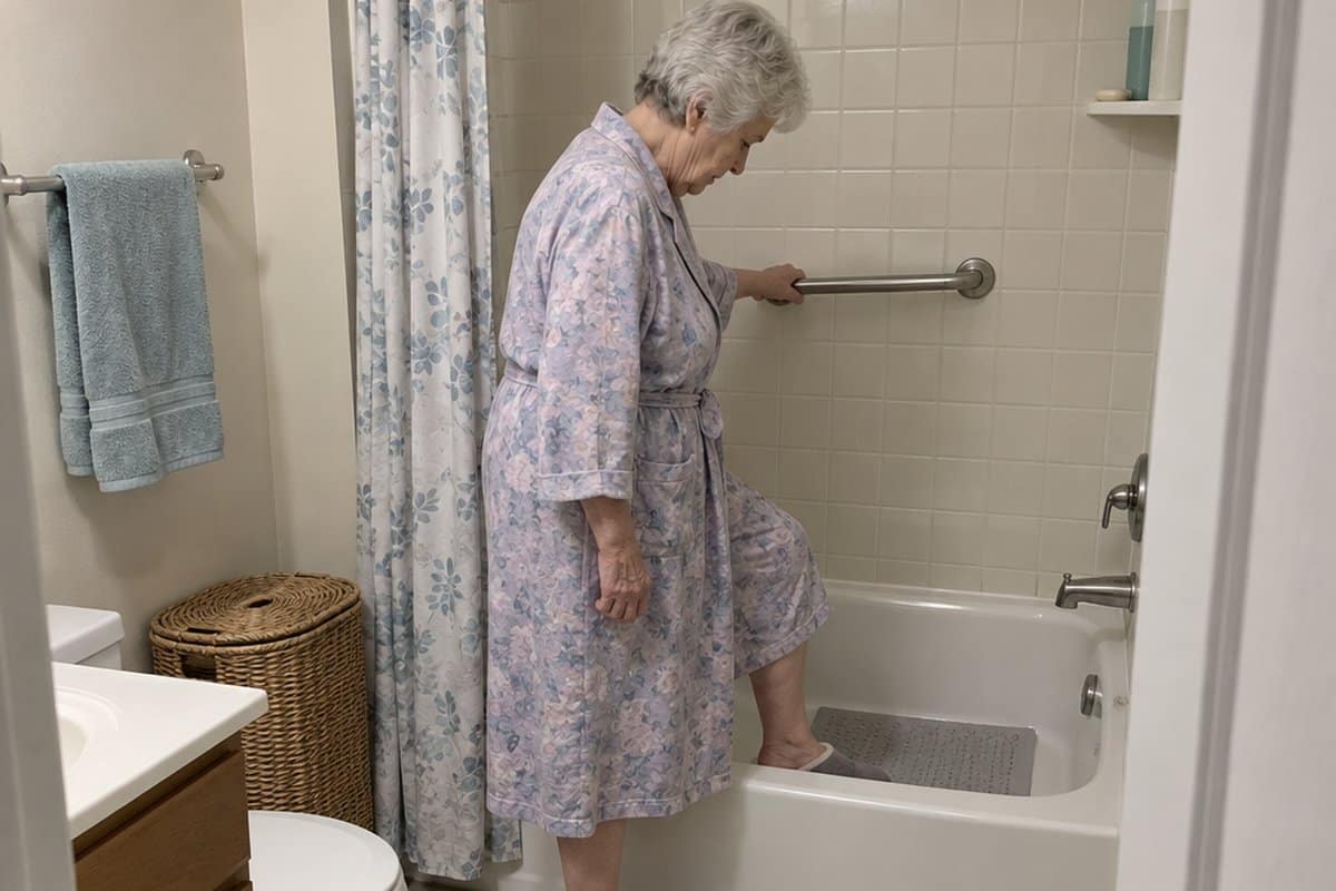 Older woman in a robe holding a grab bar and stepping into a bathtub