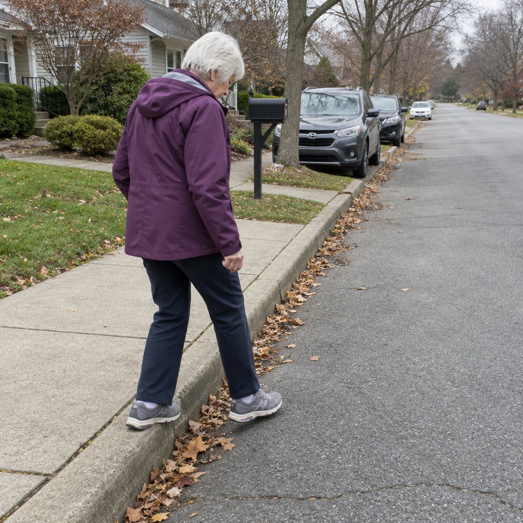 Older woman stepping carefully off a curb on a neighborhood street