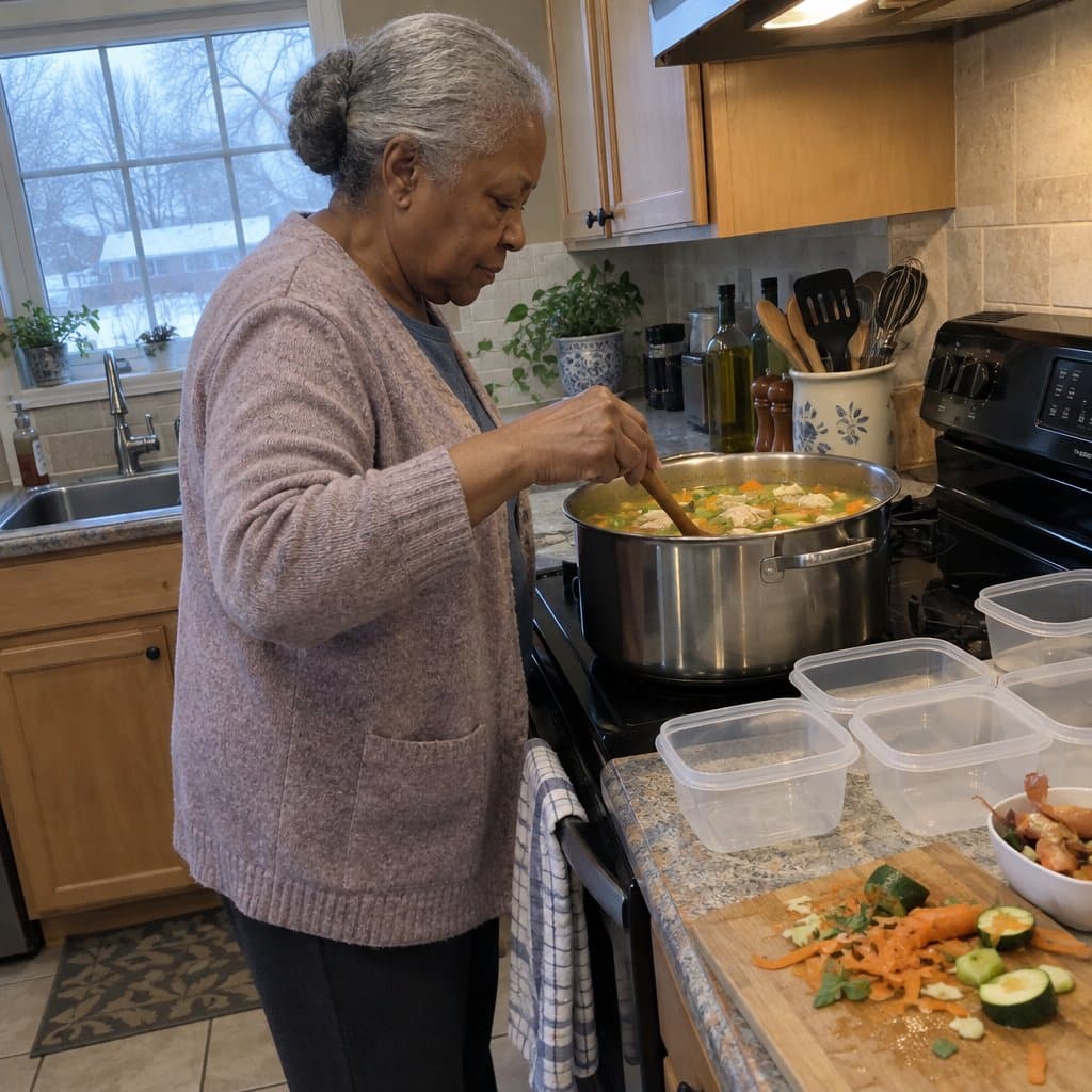 Older woman stirring a large pot of vegetable soup at the stove with empty containers on the counter