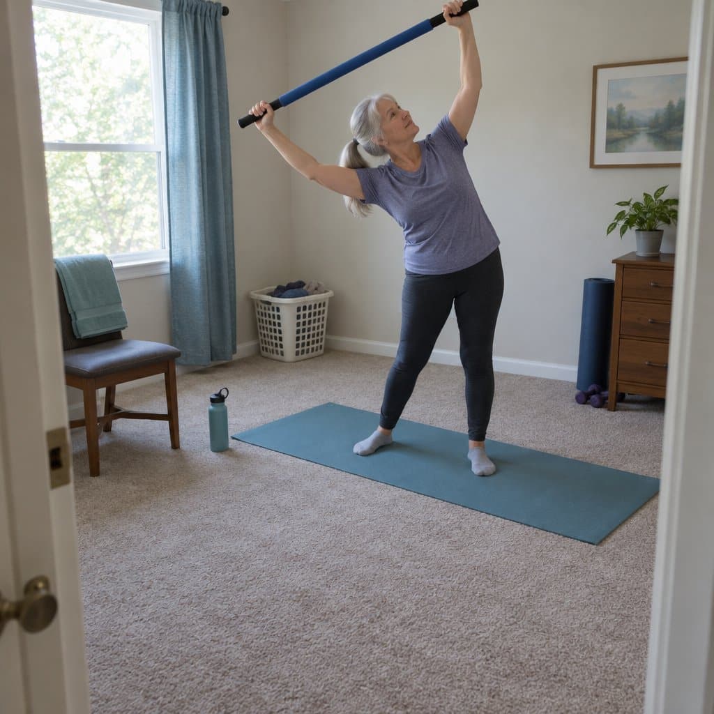 Older woman stretching with a long pole on a yoga mat in a spare bedroom.