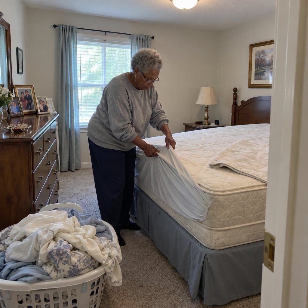 Older woman pulling a fitted sheet off a mattress corner in a bedroom