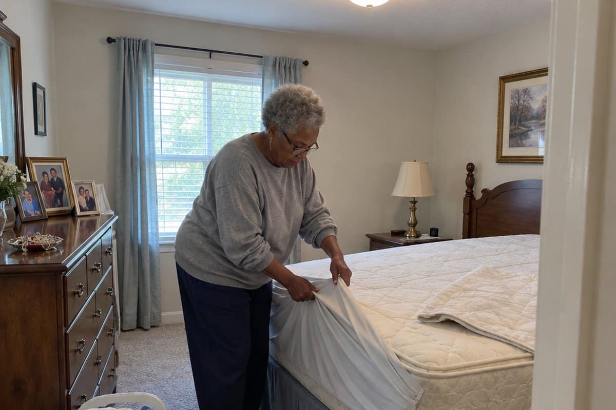 Older woman pulling a fitted sheet off a mattress corner in a bedroom