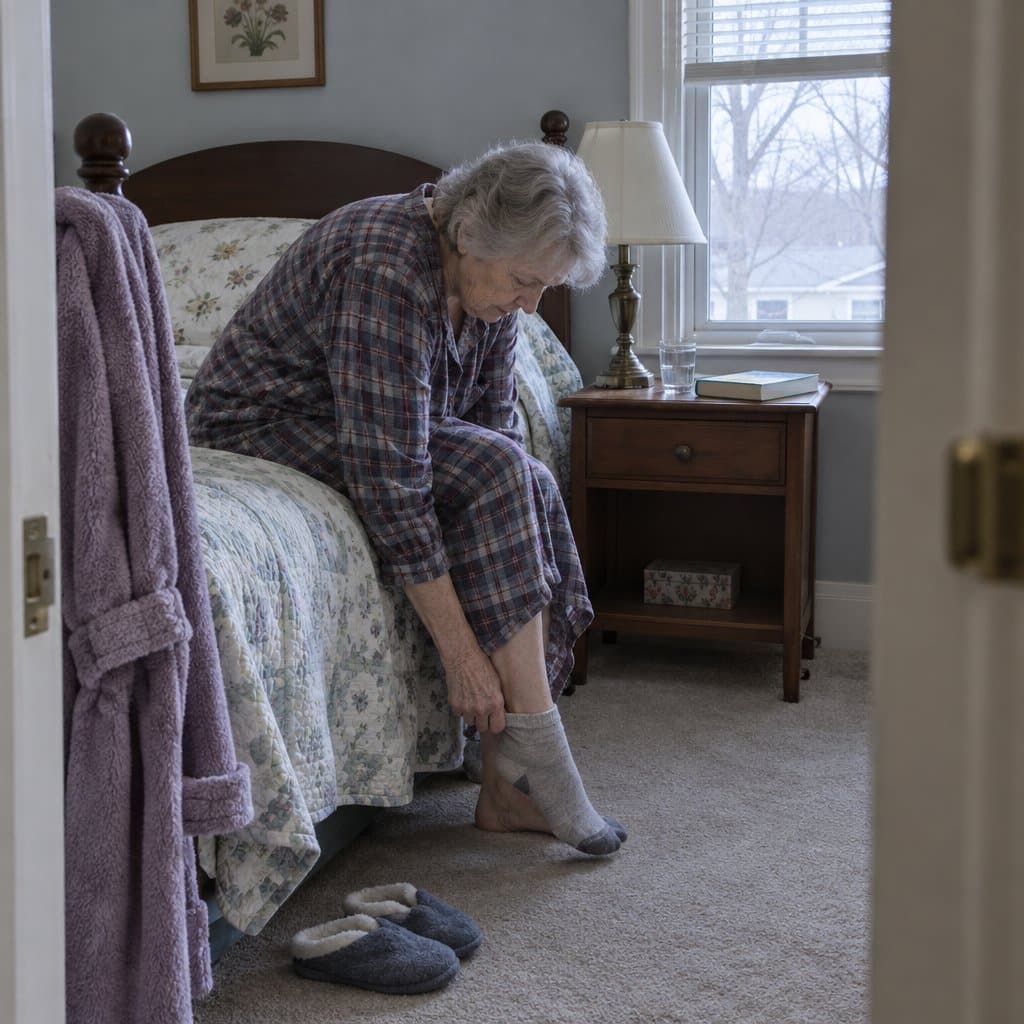 Older woman sitting on the edge of her bed leaning forward to pull a sock onto her foot
