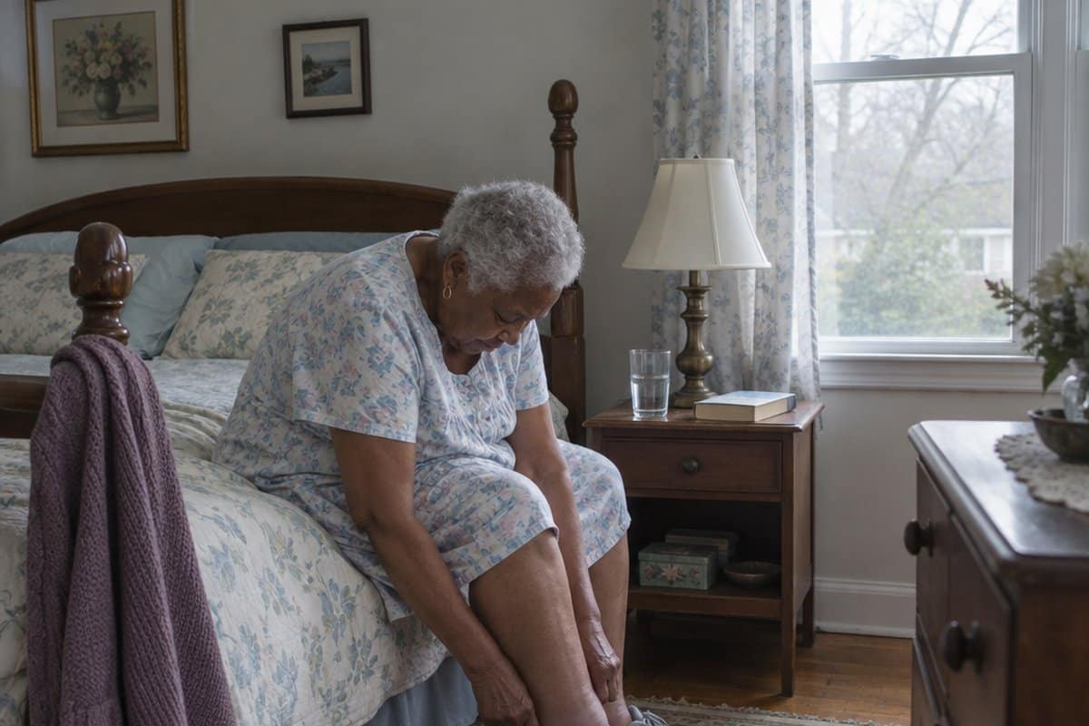 Older woman sitting on the edge of a bed bending down to put a sneaker on a swollen foot