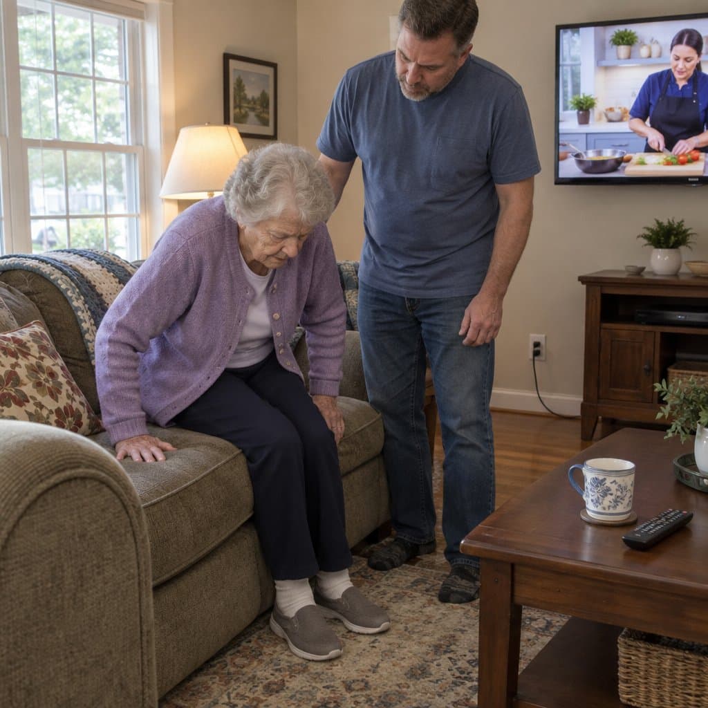 Older woman pushing up from a soft sofa while a man stands beside her