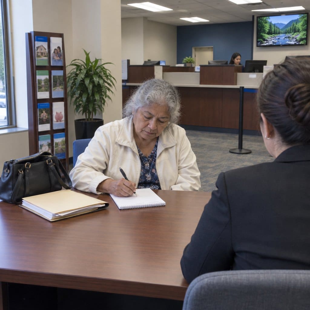 Older woman writing notes at a desk across from a bank manager in a bank branch