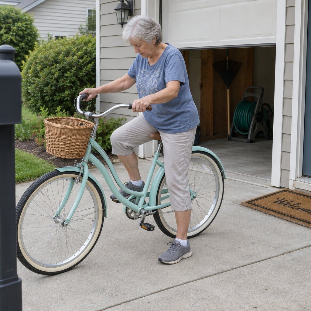 Older woman sitting on a step-through beach cruiser bike in a driveway with one foot on the ground