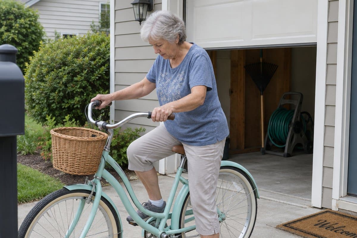 Older woman sitting on a step-through beach cruiser bike in a driveway with one foot on the ground