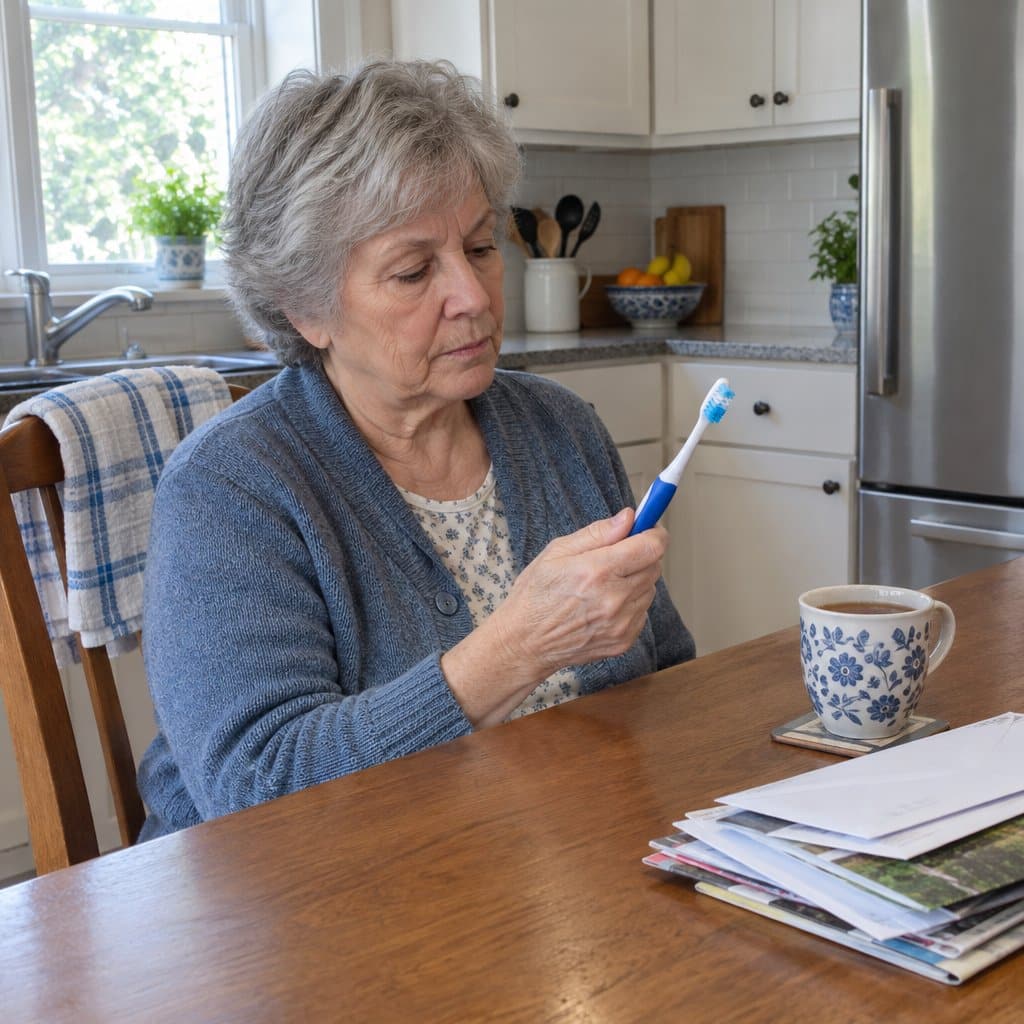 Older woman at a kitchen table gripping a thick-handled toothbrush