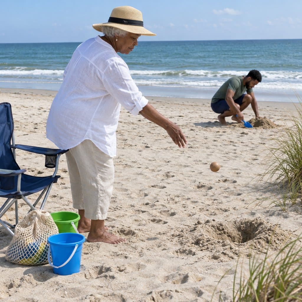 Older woman in sun hat tossing a ball toward a hole in the sand while a man digs nearby