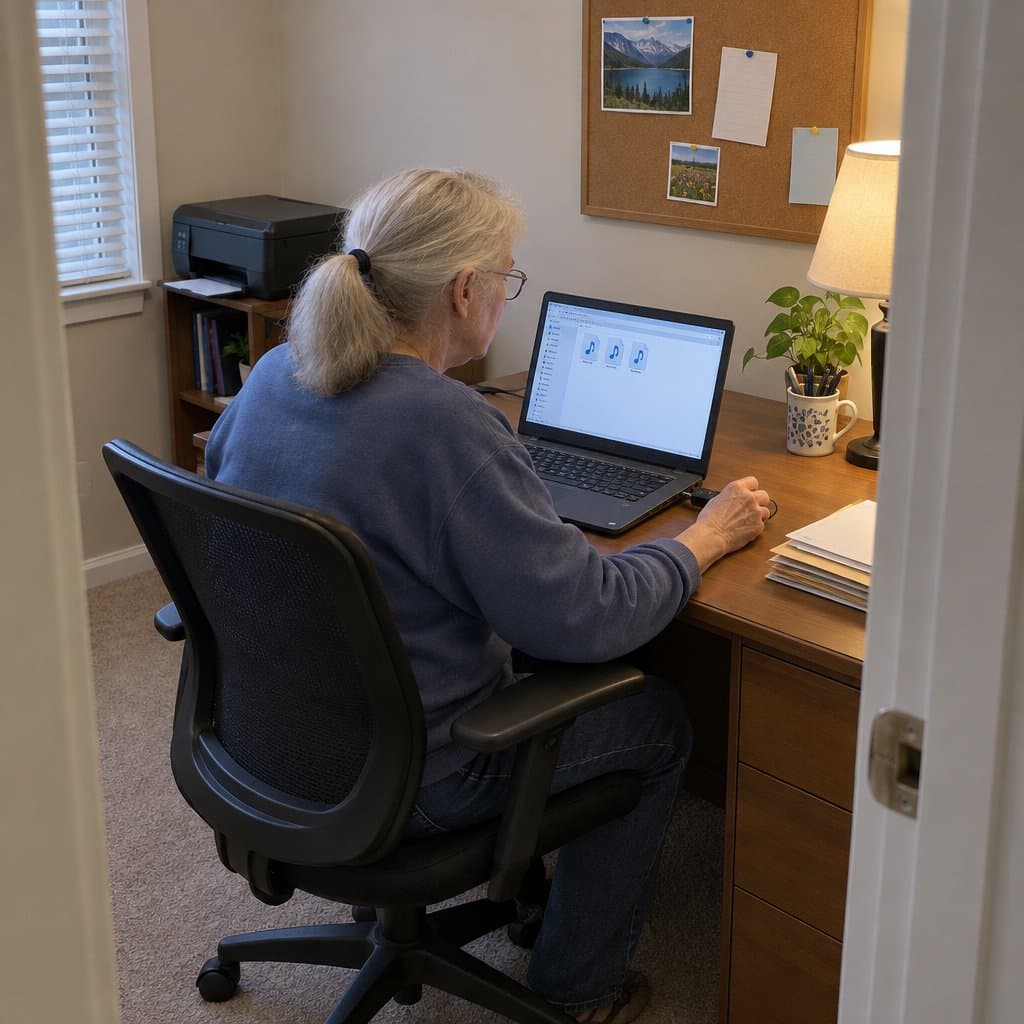 Older woman at a desk plugging a small device into a laptop showing a folder of files