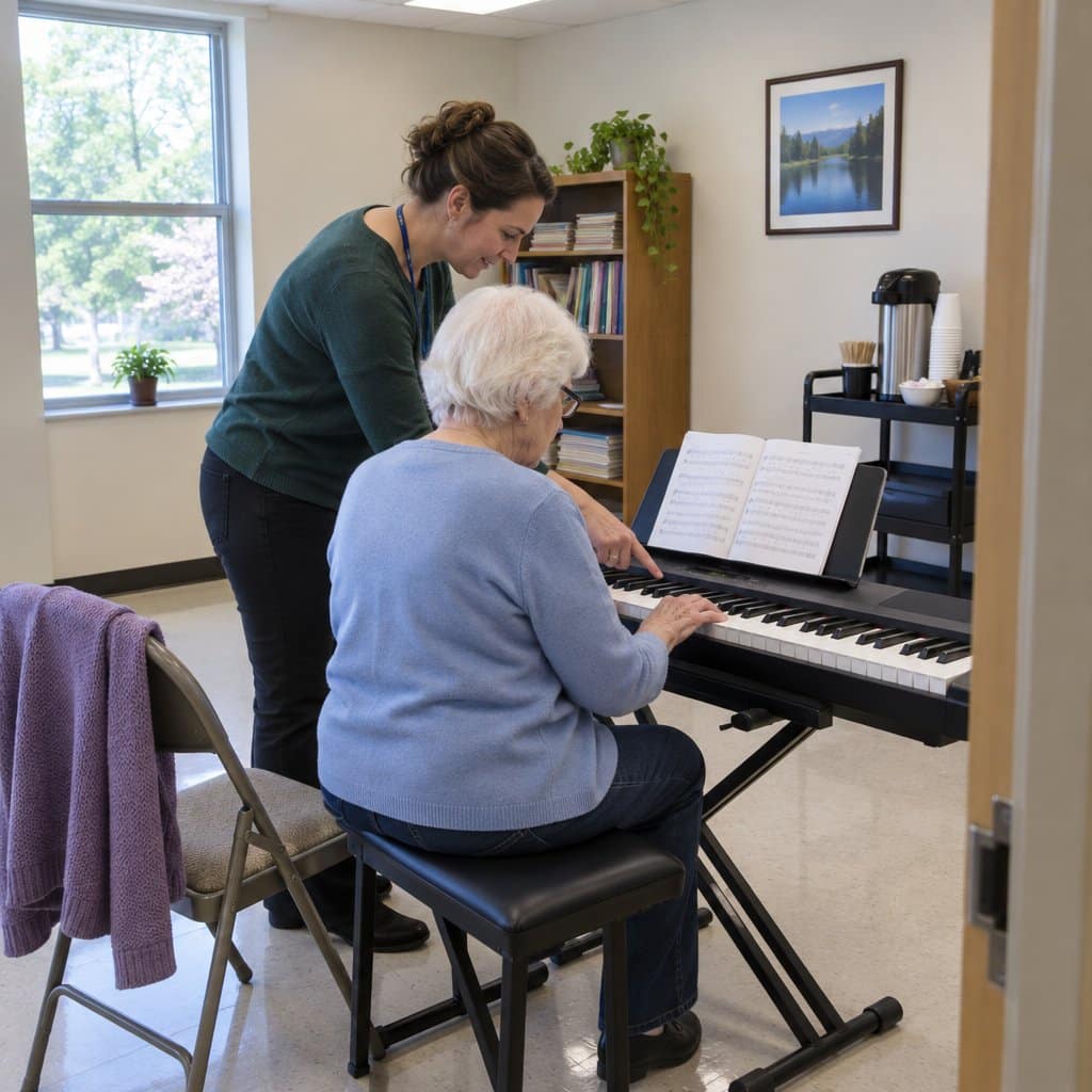 Older woman at a keyboard during a lesson with a teacher beside her in a senior center