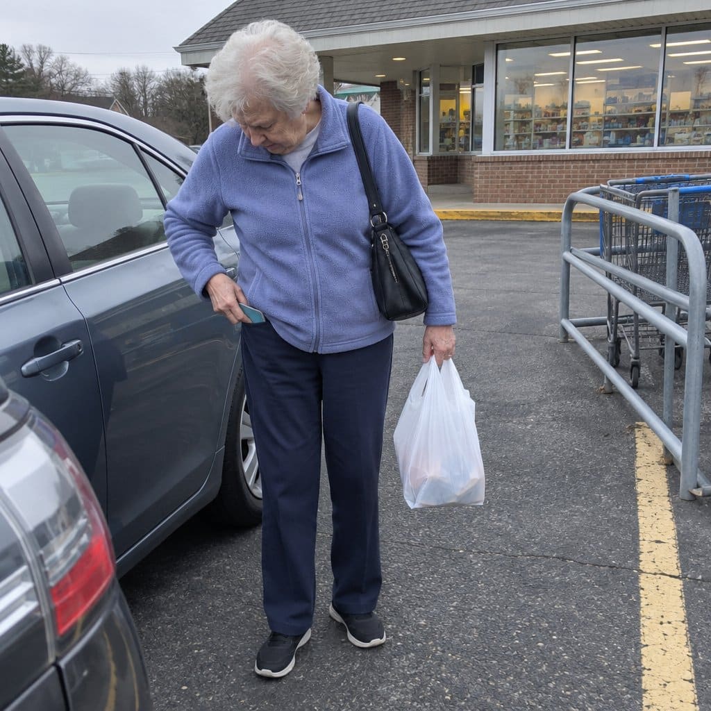 Older woman with white hair putting a folded card into her pants pocket beside a parked car in a pharmacy parking lot