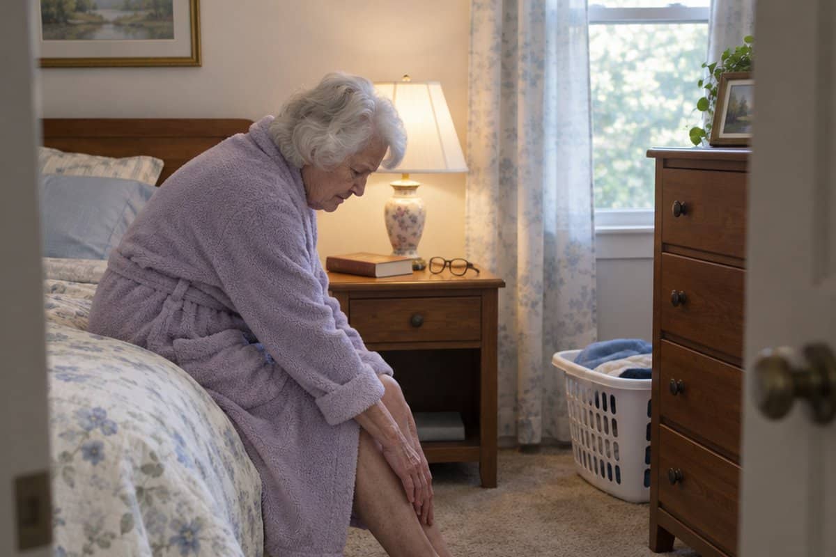 An older woman sitting on the edge of her bed in a robe, leaning forward and looking down at her feet she cannot reach.