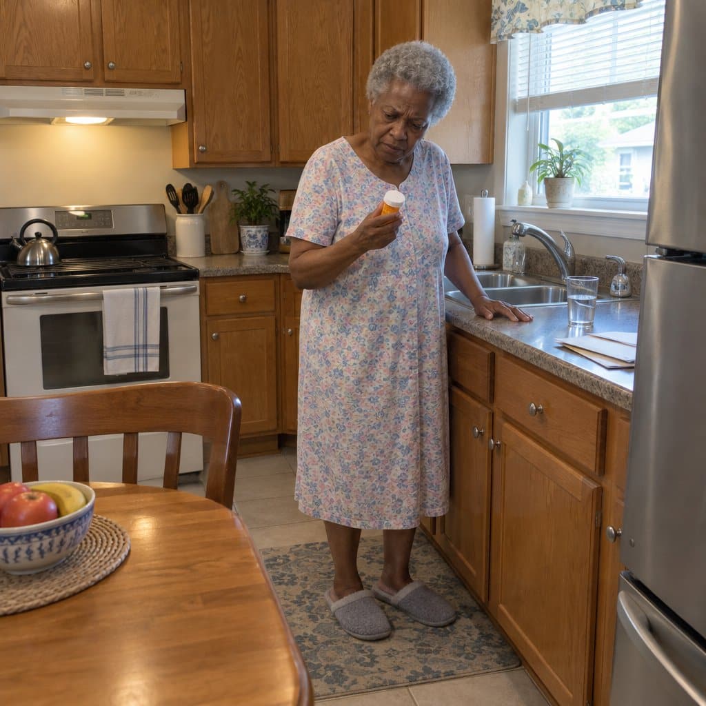 Older woman in a kitchen looking at a pill bottle, unsure whether she already took her medicine