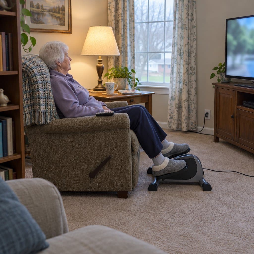 Older woman seated in an armchair with her feet on a motorized pedal exerciser while watching TV