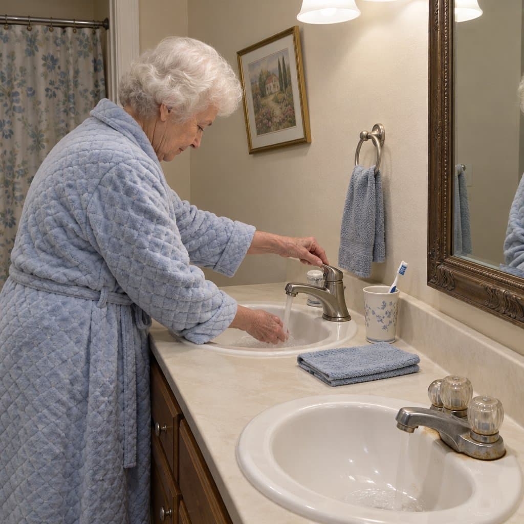 Older woman in a robe pushing a single lever on a bathroom faucet with one hand