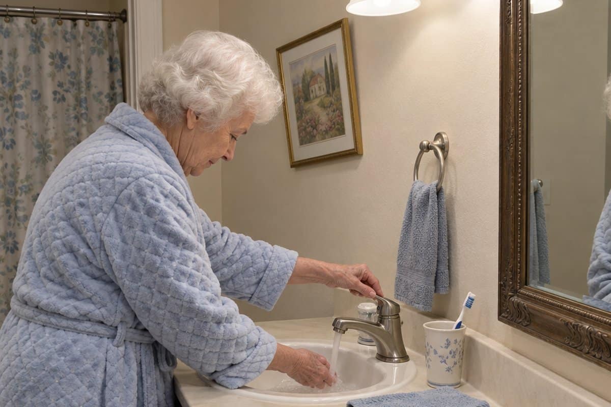 Older woman in a robe pushing a single lever on a bathroom faucet with one hand