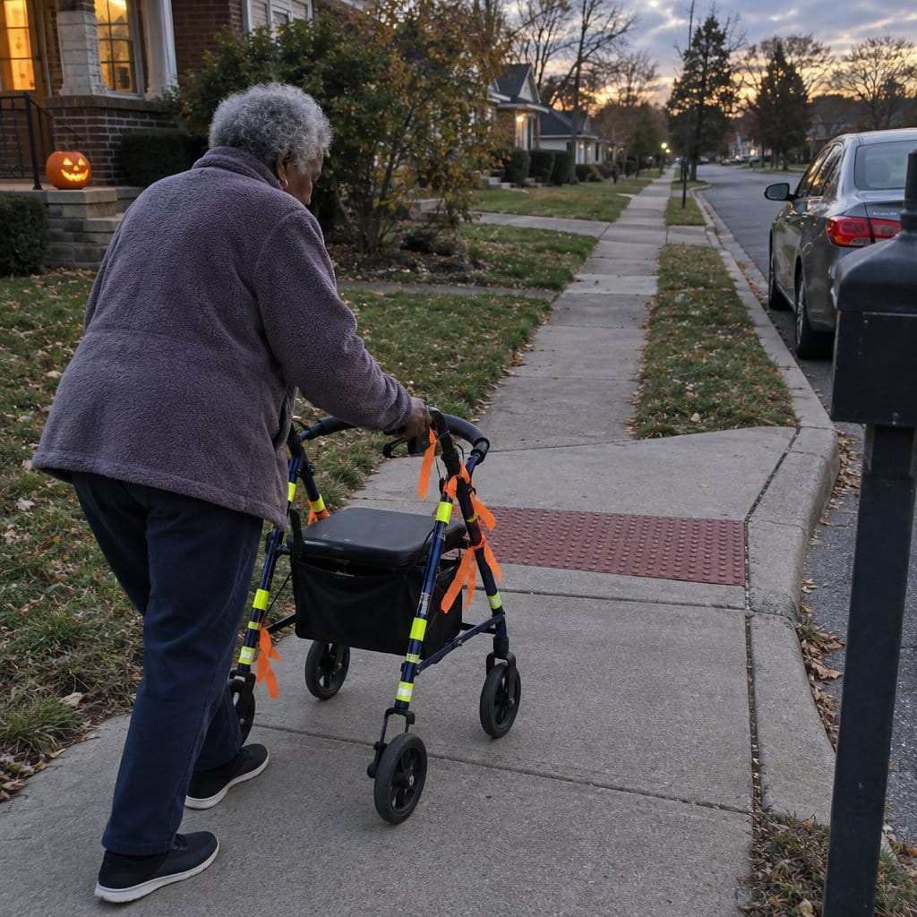 Older woman pushing a walker decorated with reflective tape and streamers along a sidewalk at dusk