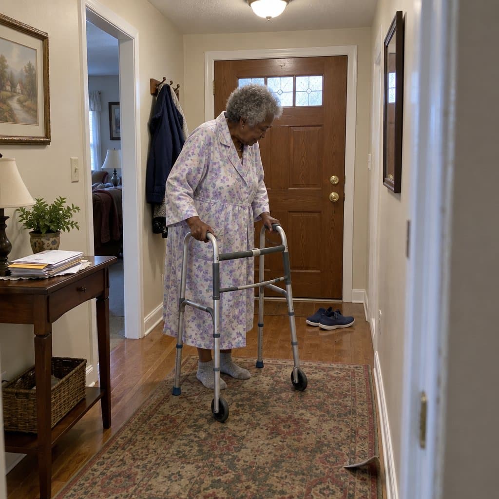 Older woman with a walker in a hallway looking down at sneakers by the door