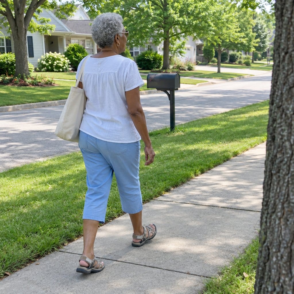 Older woman walking down a sidewalk wearing strappy walking sandals
