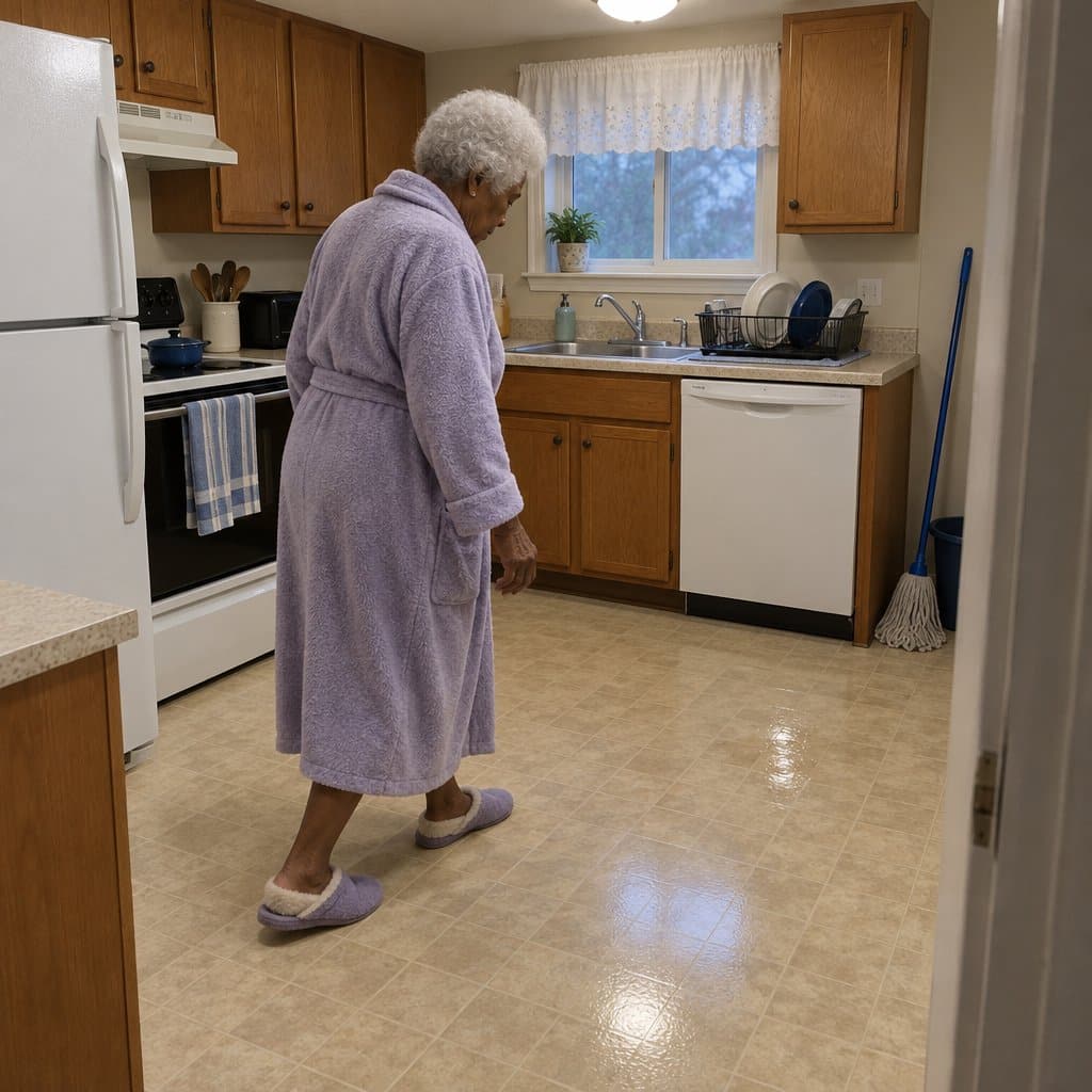 Older woman in a robe and slippers walking across a kitchen floor with a damp spot near the dishwasher.