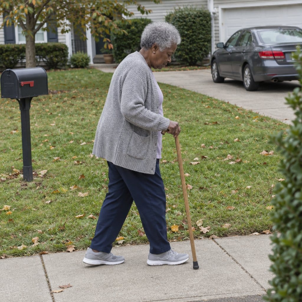 Older woman walking along a sidewalk using a wooden walking stick