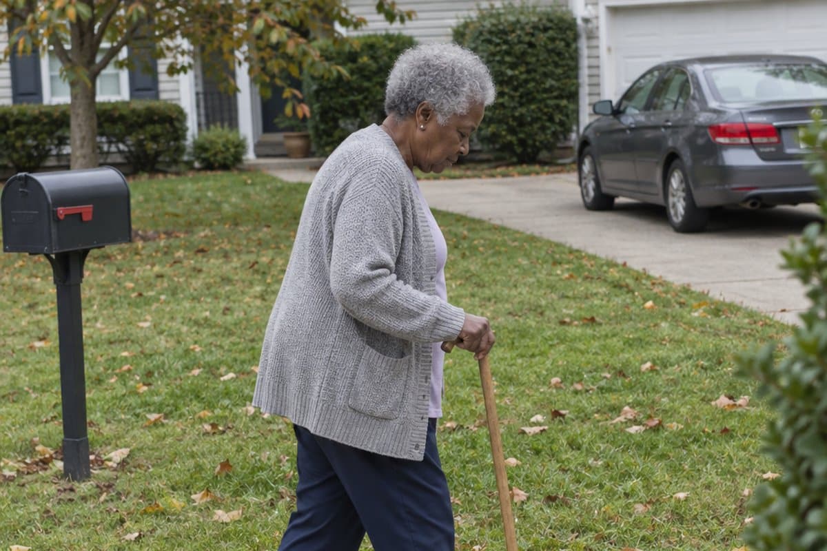 Older woman walking along a sidewalk using a wooden walking stick
