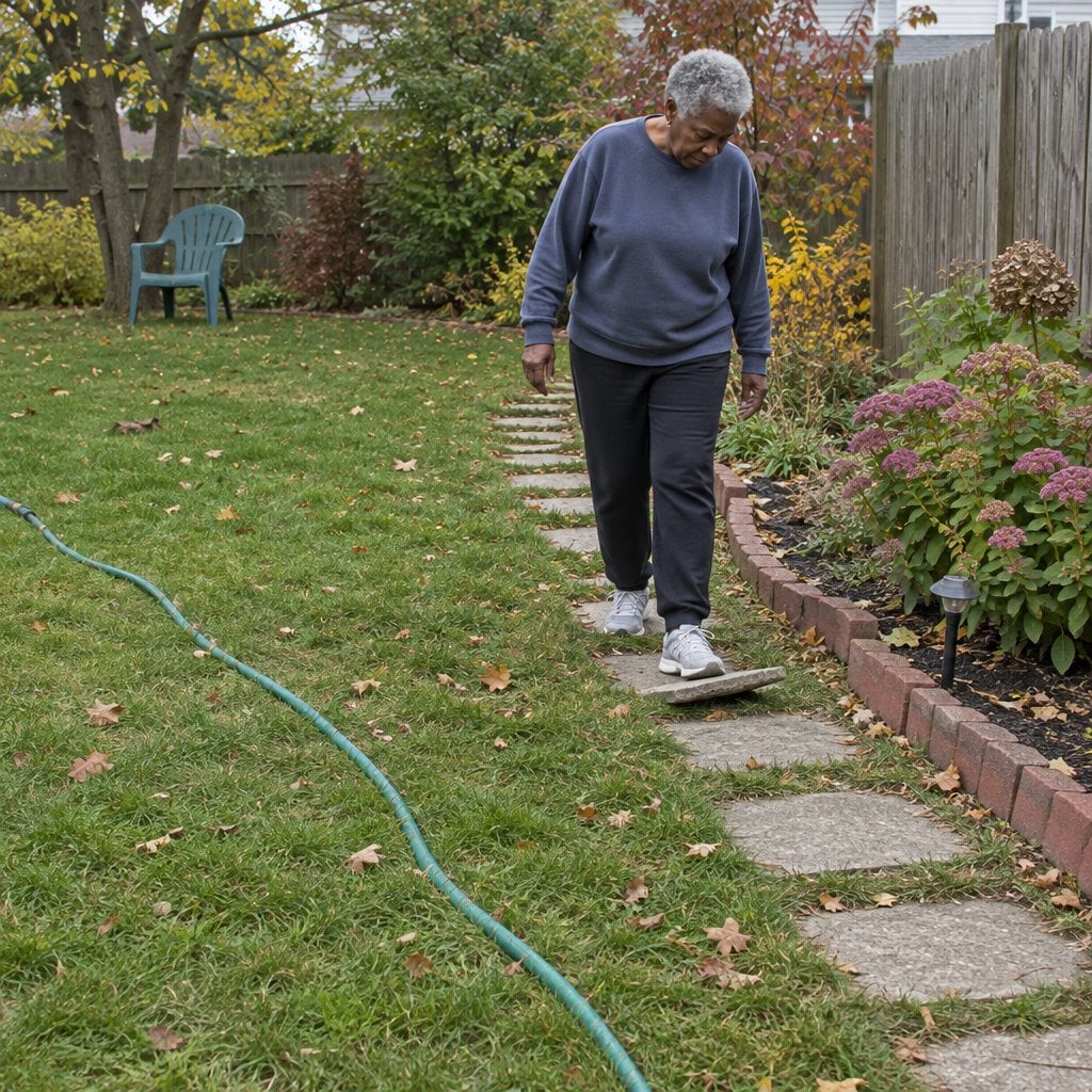 Older woman walking a backyard stepping-stone path past a brick flower bed border and a garden hose