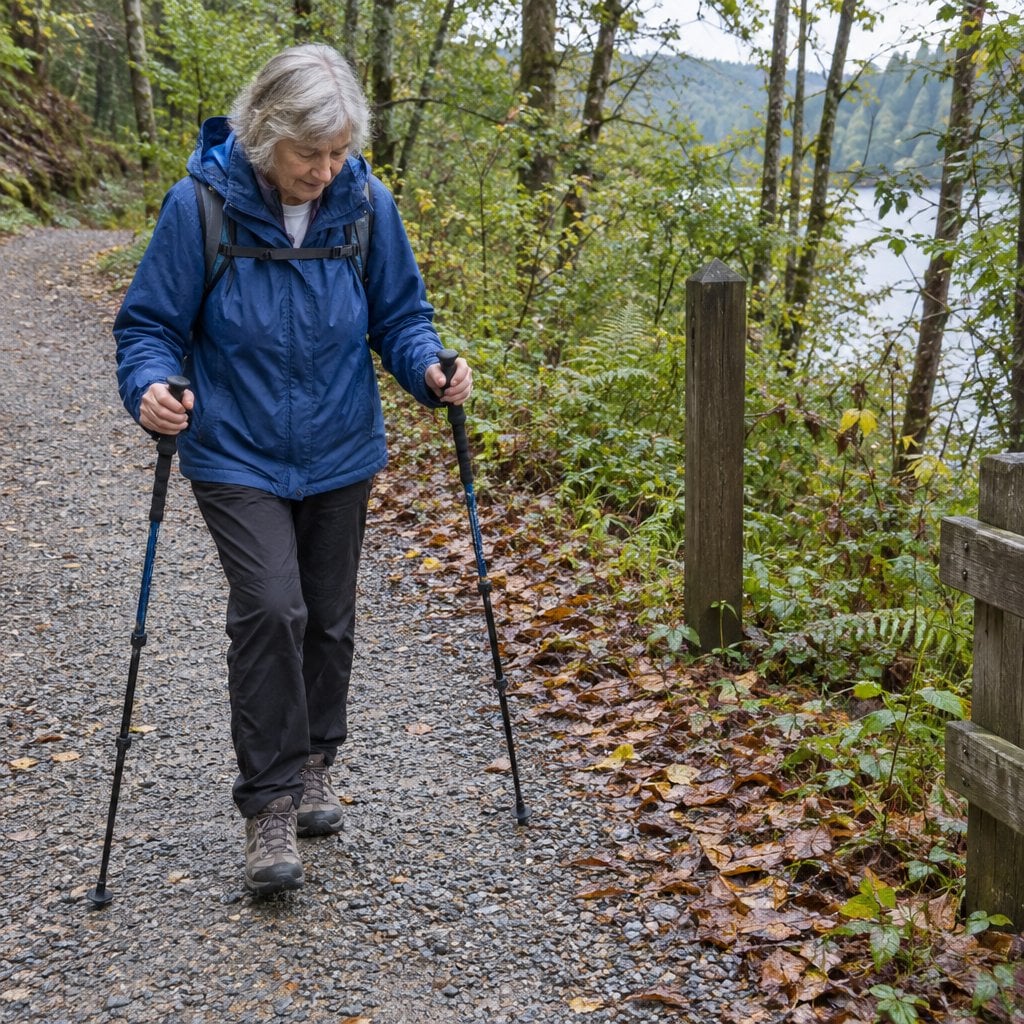 Older woman walking uphill on a gravel trail using two walking poles