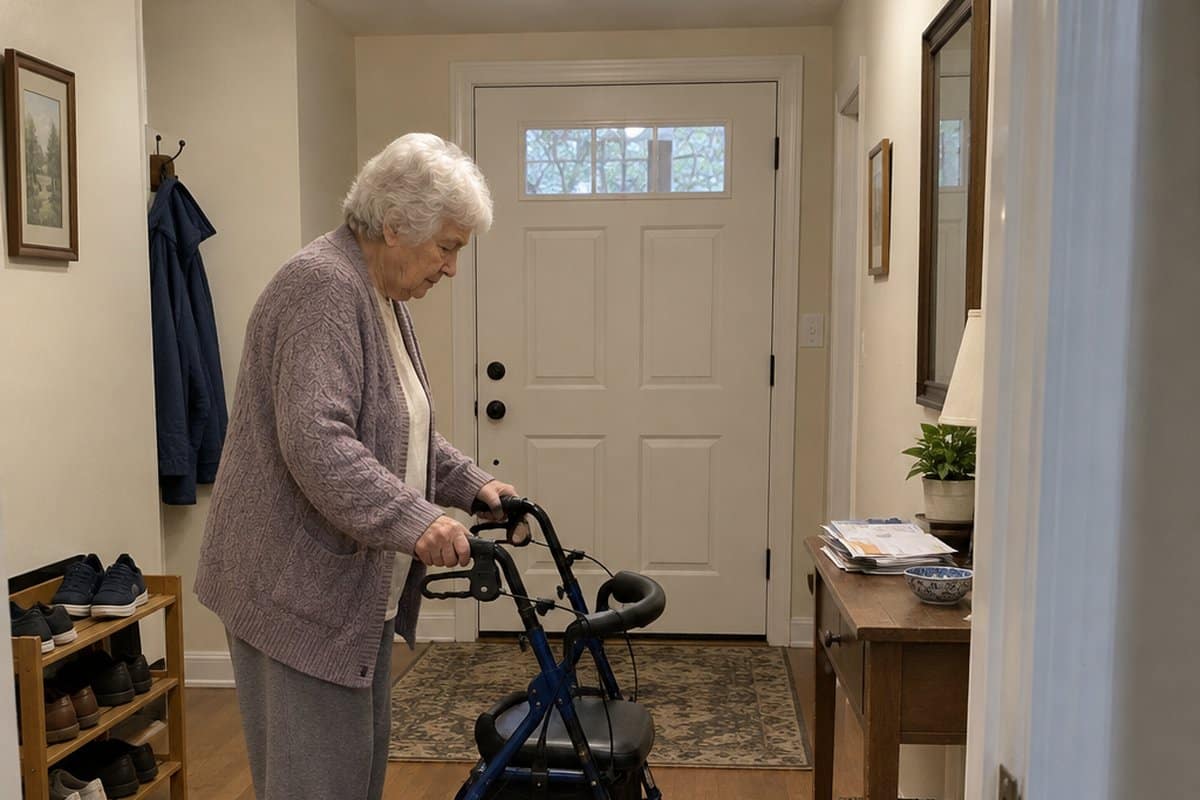 Older woman with white hair standing behind a rollator walker in a home hallway
