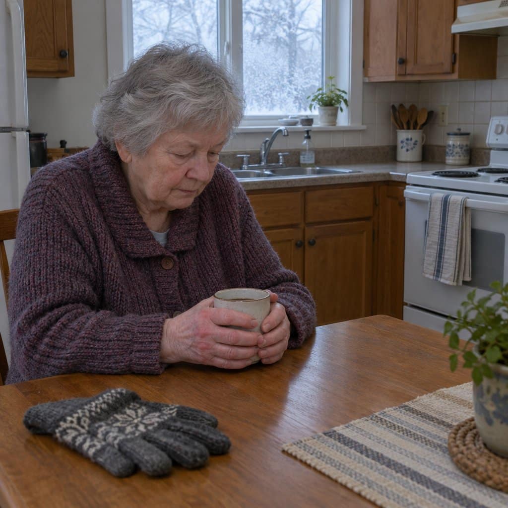 Older woman at a kitchen table warming her hands around a mug with knit gloves beside her