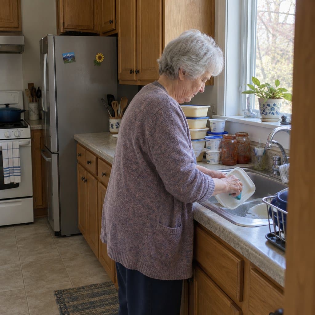 An older woman washing a plastic tub at a kitchen sink beside stacked saved containers and jars.